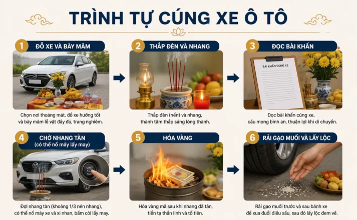 Trình tự cúng xe ô tô thường bao gồm 6 bước